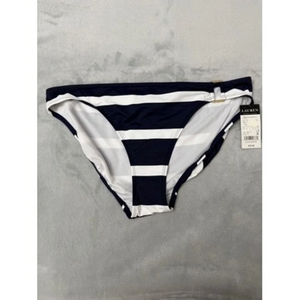NWT Lauren Ralph Lauren Striped Ring Hipster Bikini Bottoms, Navy/White 10 $70